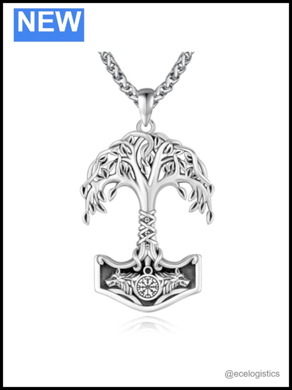Sterling Silver Viking Tree of Life Pendant Necklace Rolo Chain Men's Jewelry